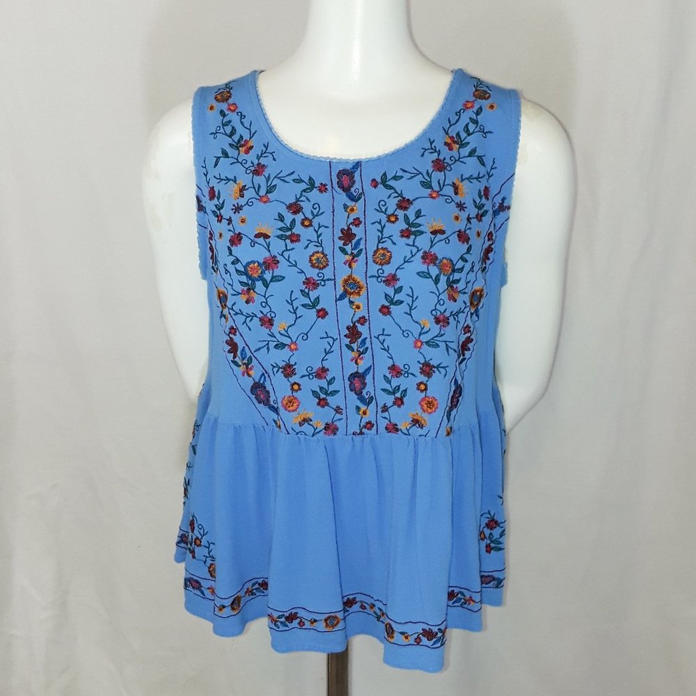Vintage 90's Umgee Blue Floral Embroidered Flowy Peplum Sleeveless Crop Top M